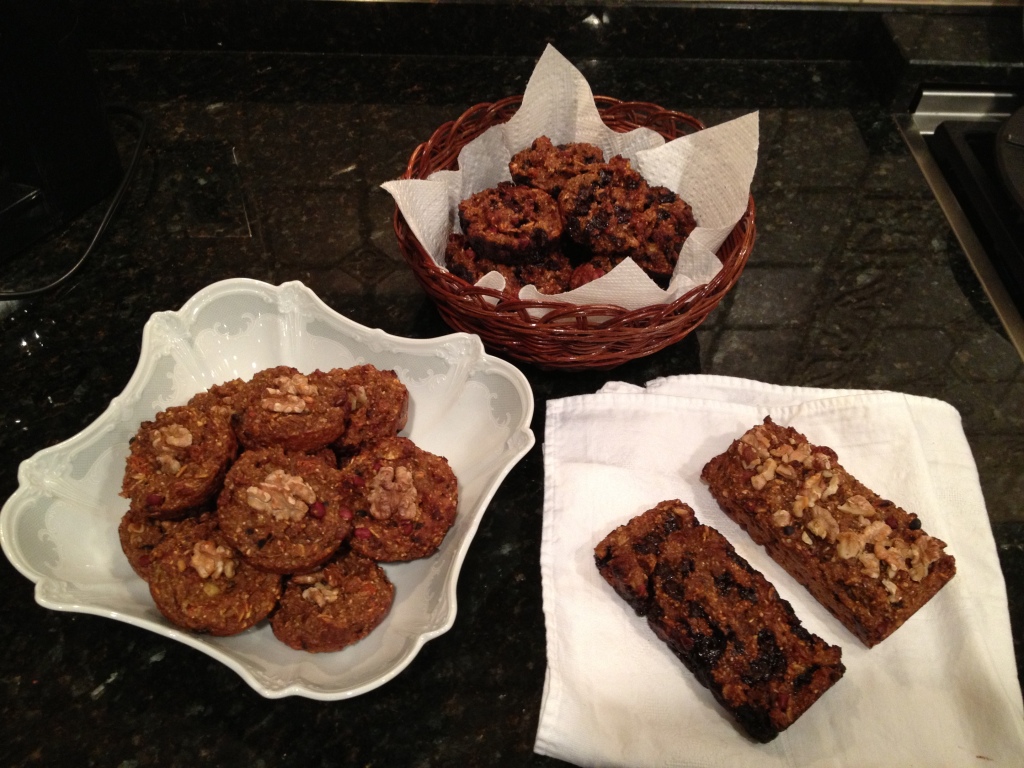 What I made out of this recipe - 12 bars with walnuts, 12 bars with carob chips, and two mini loaves!